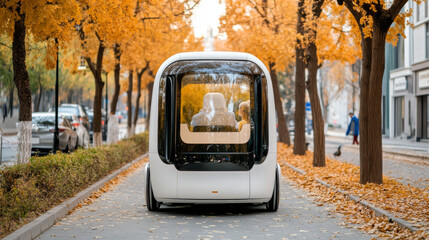 futuristic autonomous vehicle on tree lined street with autumn foliage. scene captures essence of innovation and nature harmoniously blending together