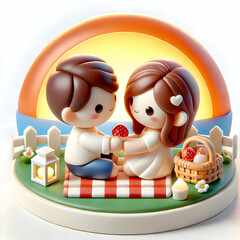 Fototapeta premium A 3D cute illustration of a couple sharing a kiss under a wedding arch, with vibrant colors on a clean white background.