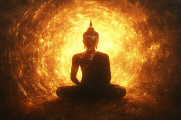 A silhouette of Buddha in deep meditation, surrounded by a glowing golden aura that radiates outward