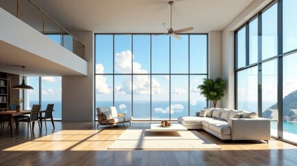 Luxury ocean view living room with floor-to-ceiling windows, modern furniture, and a spacious design featuring a lofted area and hardwood floors.