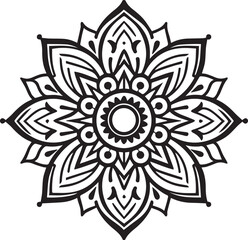 Intricate Black and White Mandala Line Art. Sacred Geometric Floral Pattern for Coloring, Tattoos, and Digital Art, mandala silhouette vector style with a white background