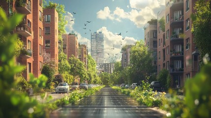 Naklejka premium Green Energy sustainable concept. Futuristic Solar Powered Eco Friendly Residential High Rises in a Sustainable Urban Landscape