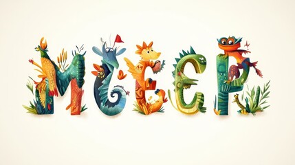 Fototapeta premium Whimsical colorful creatures form the letters of the word meep perfectly