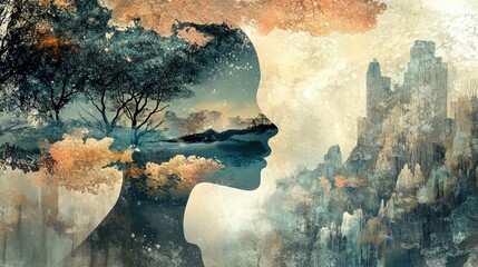 A womans silhouette revealing nature and abstract landscapes within