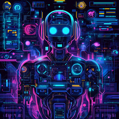 Futuristic spaceship with robot design and digital elements in a tech-inspired space theme