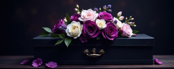 Sophisticated dark purple & ivory blooms on ebony casket, sophisticated, sympathy, last respects