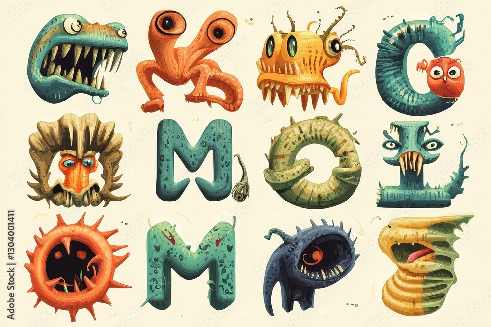 Poster a collection of colorful cartoon monsters arranged in a grid pattern