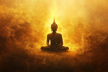 A silhouette of Buddha in deep meditation, surrounded by a glowing golden aura that radiates outward