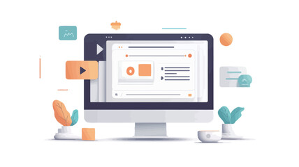 The image is a digital illustration depicting a desktop computer displaying a webpage with video and text content.  The style is flat, vector-based, with a clean and modern aesthetic.
