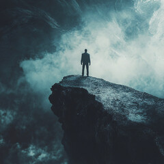 Silhouette of a Man Standing on a Cliff Amidst Misty Clouds