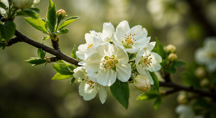 Obraz premium Close-Up Branch With White Flowers And Buds In Garden