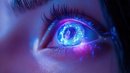 Futuristic Close-up of an Eye with Digital Circuitry and Glowing Effects in Bold Colors