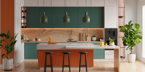 Minimalist kitchen with a green color scheme accented by orange- 3D rendering