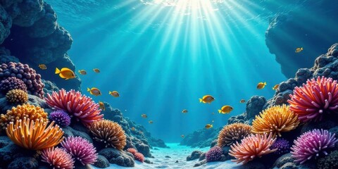 Sunbeams Illuminate Vibrant Underwater Coral Reef Ecosystem with Colorful Fish Swimming Gracefully