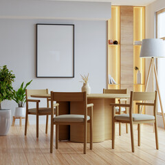 Mockup poster frame in dining room interior and accessories- 3D rendering.