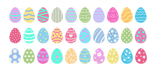 Easter Eggs Huge Set. Happy Easter Egg Drawing Clipart Icons. Spring Holiday Flat Oval Shape Elements. Clip art Collection in Colorful and Multicolored Paint art for Traditional Christian Сelebration.