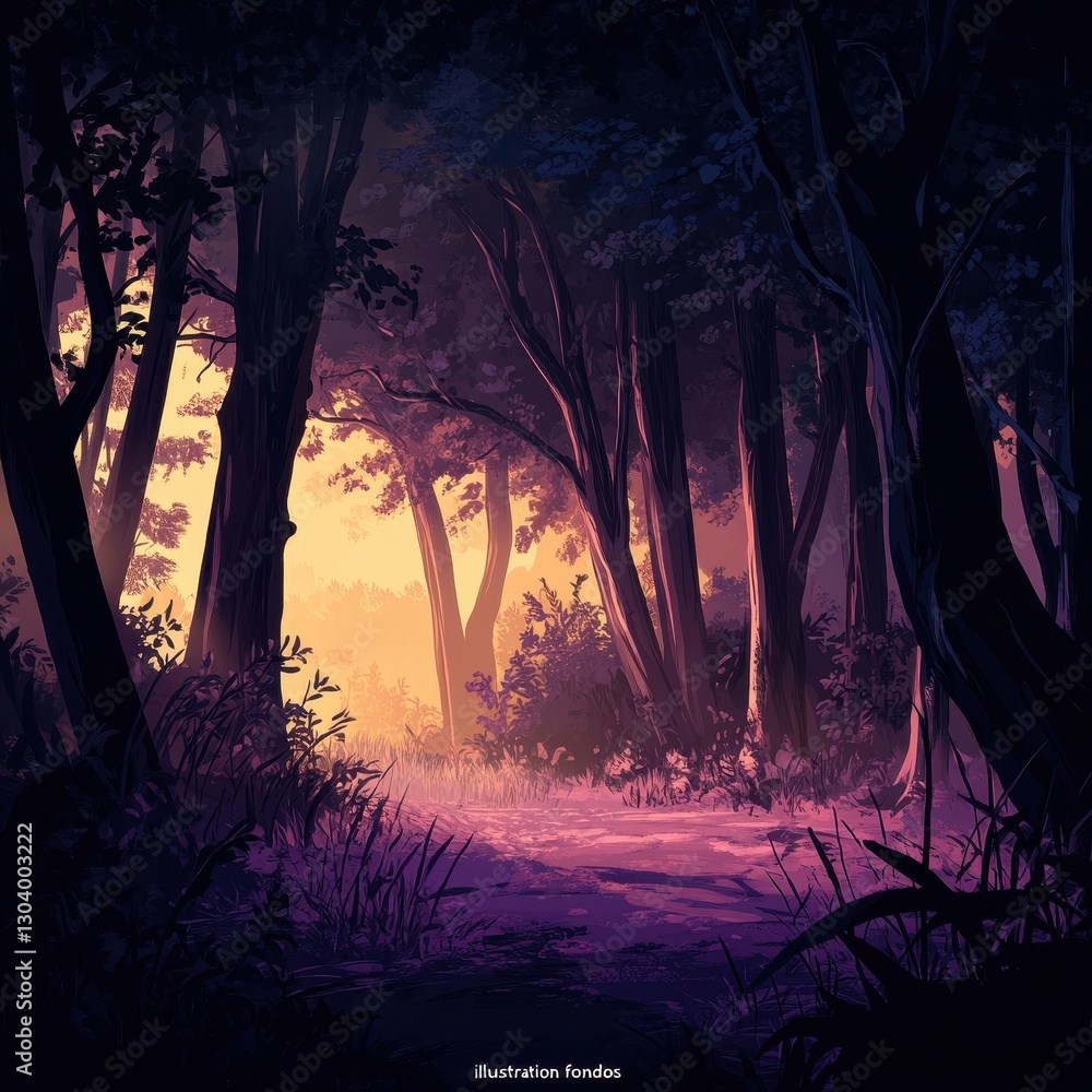 Poster a mysterious forest scene with glowing light and trees