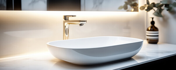 Modern sink setup with sleek faucet and elegant design, featuring soft lighting that enhances aesthetic appeal. Perfect for contemporary bathrooms