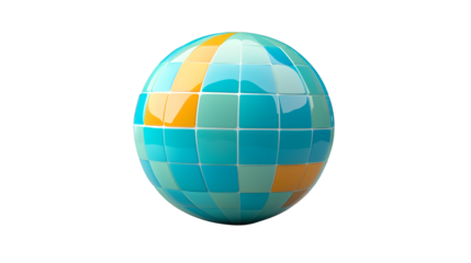 Global network connection, blue and yellow globe with digital squares representing data exchange communication