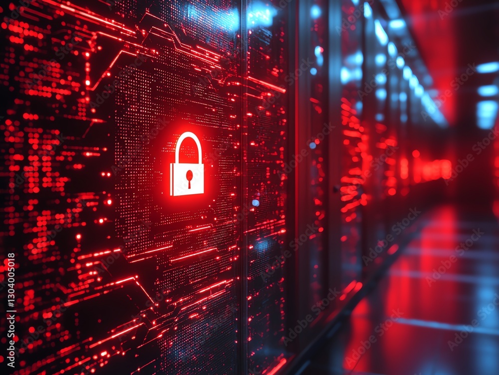 Poster advanced cybersecurity, encrypted server room, secure data transfer, digital lock on network, glowin