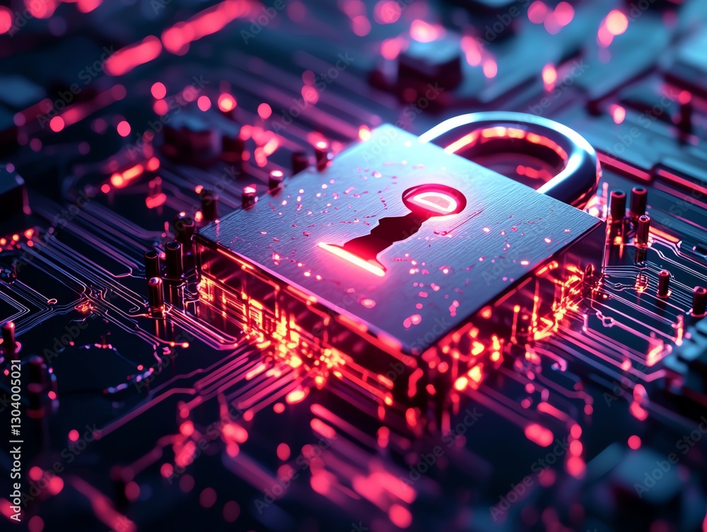 Poster advanced cybersecurity, encrypted server room, secure data transfer, digital lock on network, glowin
