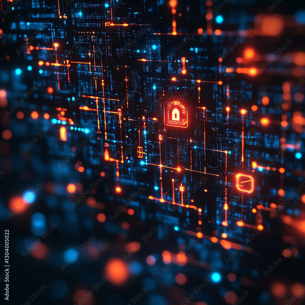 Poster advanced data security, firewall protection, encrypted communication, cybersecurity system, glowing 