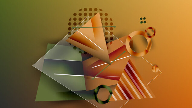 Abstract background - overlapping circles, rectangles, and triangles with vibrant gradients. Semi-transparent shapes create depth and balance