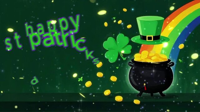 happy st patricks day text animated rainbow magical rainbow that leads to the pot hat of gold coins on a green background 4k video st patrick day background