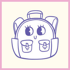 Minimalist hand-drawn backpack icon with a smiling face, illustrated in blue with a pastel pink border, perfect for school and kids' designs, Vector Illustration