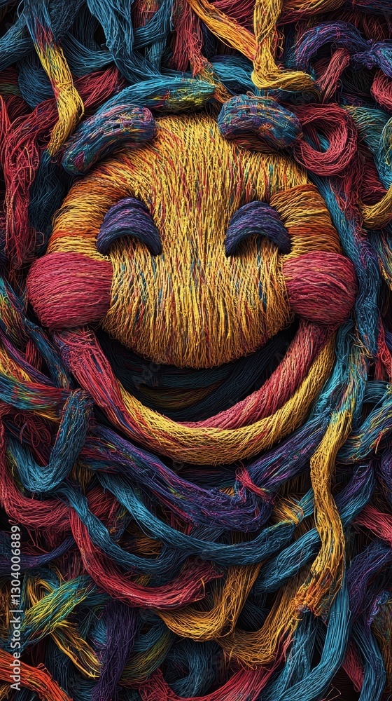 Poster smiling face created from various colorful threads and textiles on a surface
