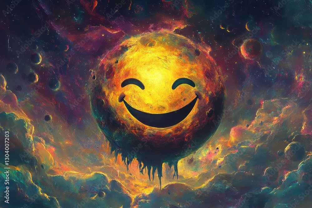 Poster a smiling planet in space surrounded by colorful cosmic clouds