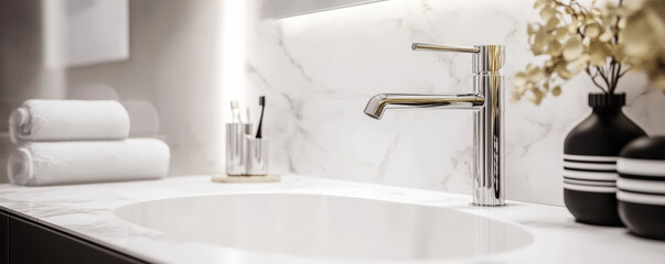 Fototapeta premium Modern bathroom sink with sleek faucet, towels, and decor