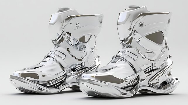 Futuristic chrome boots, studio shot, white background, concept