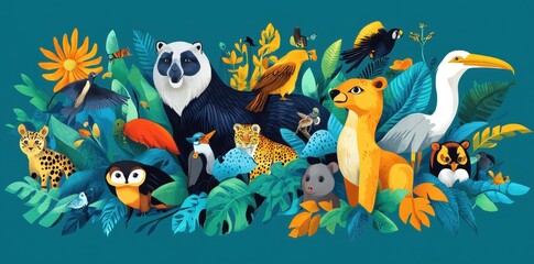 Colorful artistic illustration of a variety of forest animals together