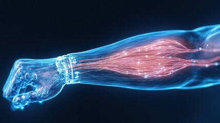 Small medical robots repairing muscle tissue inside a human arm under surgical lighting