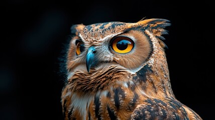 Obraz premium Close Up Of An Owl With Bright Yellow Eyes And Brown Feathers Against A Dark Background