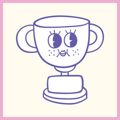 Playful cartoon-style illustration of a trophy cup with a cute expressive face, featuring large eyes and freckles, outlined in purple, Vector Illustration