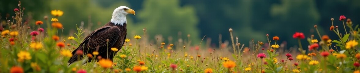 Obraz premium Majestic bald eagle surveys wildflowers, vibrant blooms surround , USA, environment