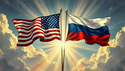 American and Russian flags together Illustration retro style