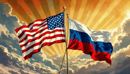American and Russian flags together Illustration retro style