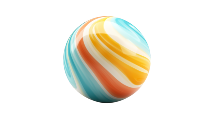 Vibrant colorful striped ball on a blue and green background, playful dynamic image