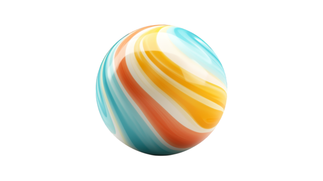 Vibrant colorful striped ball on a blue and green background, playful dynamic image