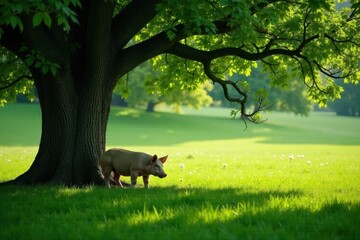Large oak's shade shelters contented pigs, lush green meadow surrounds , swine, resting, oak