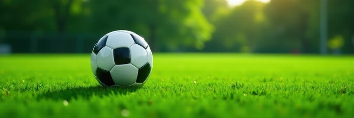Fototapeta premium Lone soccer ball rests on lush green football field Ample space , goal, grass texture