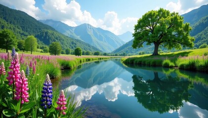 Naklejka premium Lupines & valley oak reflected in river's calm surface, image, trees, lupine