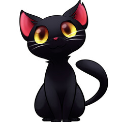 cute black cartoon cat with big eyes and pink ears sitting on a white background, ideal for stickers, illustrations, digital designs, and character artwork