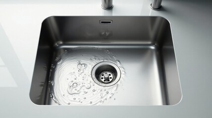 Modern Stainless Steel Kitchen Sink with Water Flowing into Drain