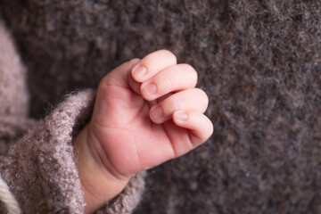 Newborn baby human little fingers and hands being held close up