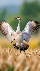 Fototapeta premium Crane dancing field, wings spread, summer