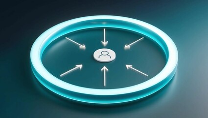 Glowing circular loop with arrows leading back to a central user profile icon, symbolizing retargeting efforts, modern dark blue-to-teal gradient background  
